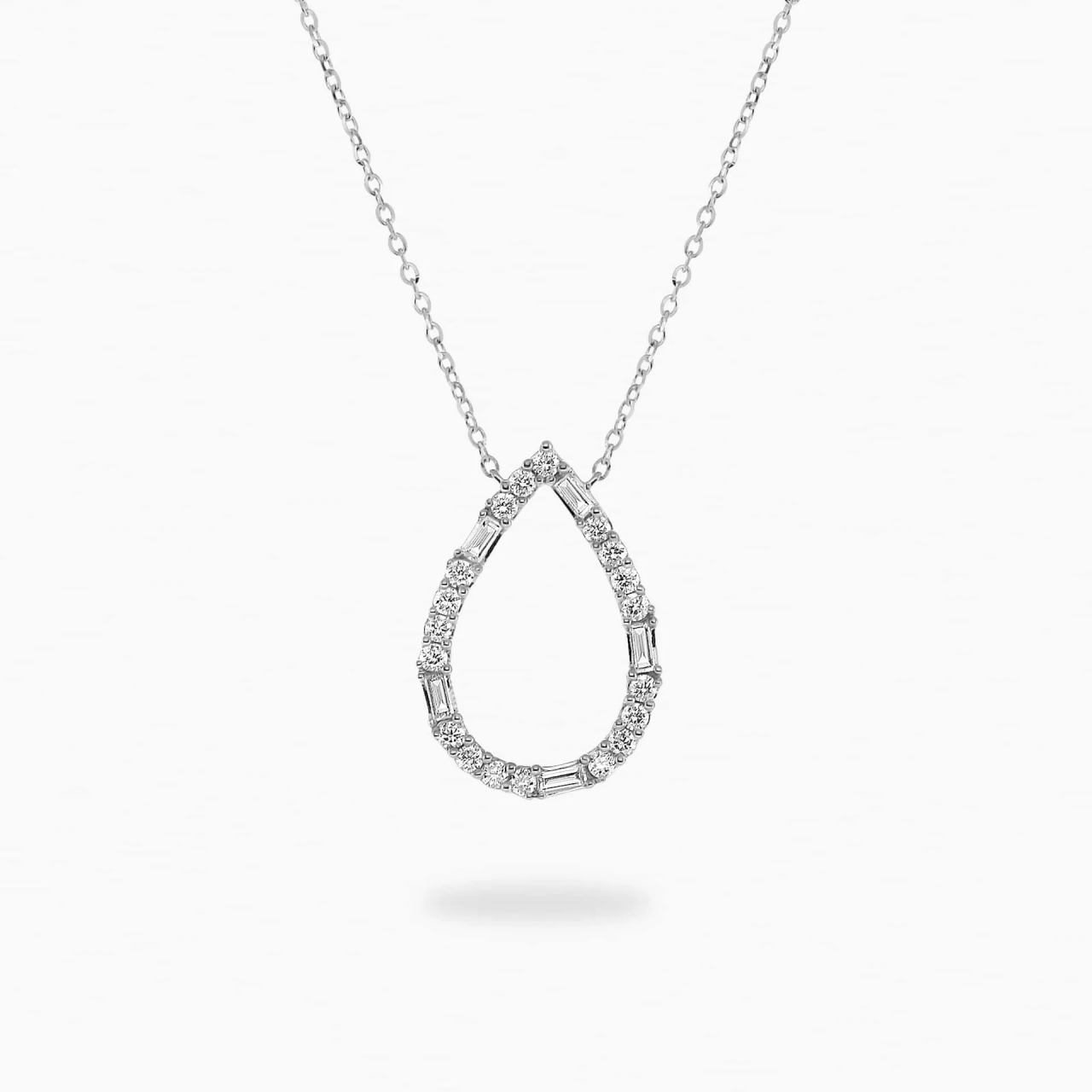 18ct white gold pear shape baguette and round diamond necklace