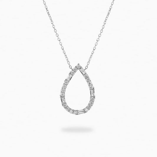 18ct white gold pear shape baguette and round diamond necklace
