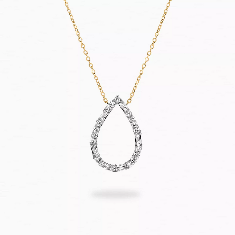 18ct yellow gold pear shape baguette and round diamond necklace