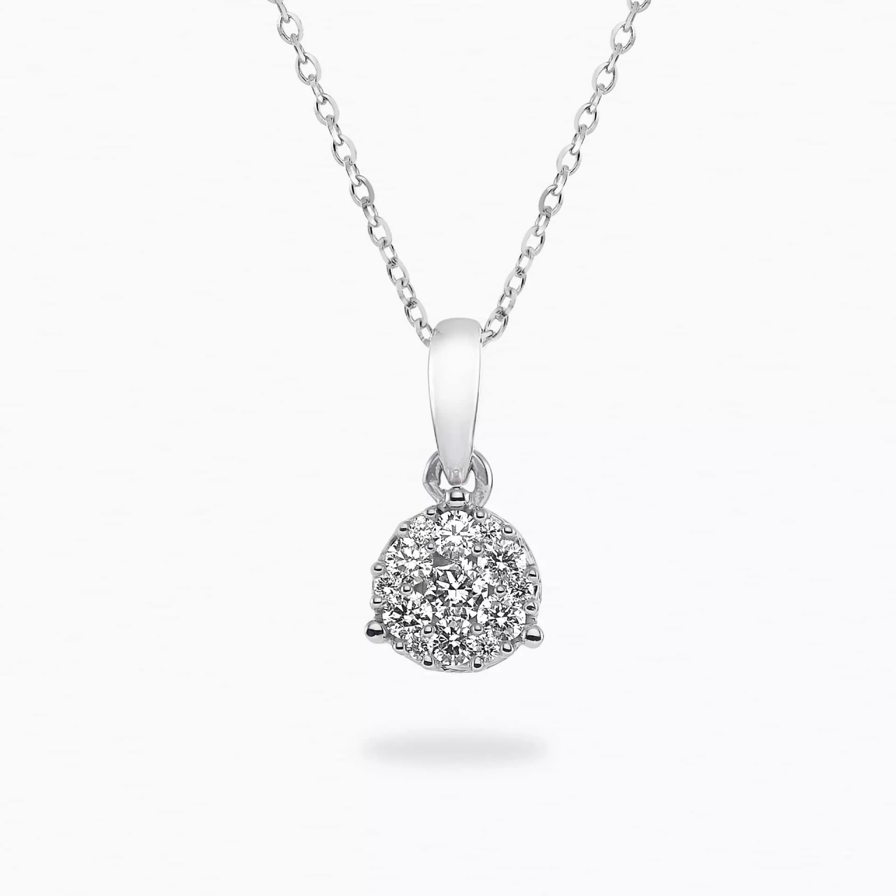 18ct white gold round cluster diamond necklace with a bale
