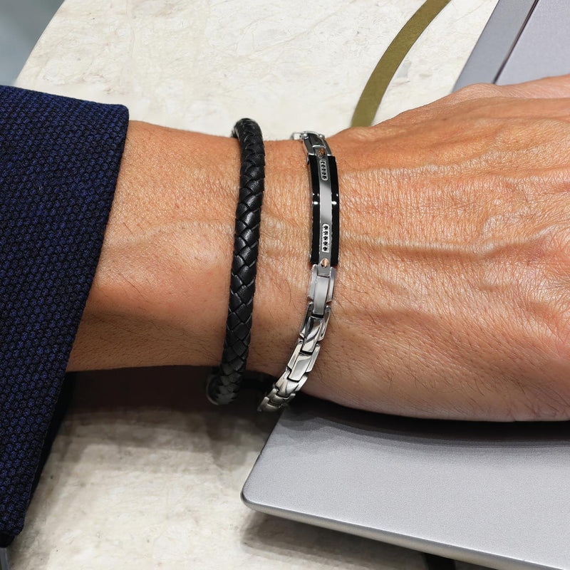 Black leather and stainless steel mens bracelet 22cm on wrist