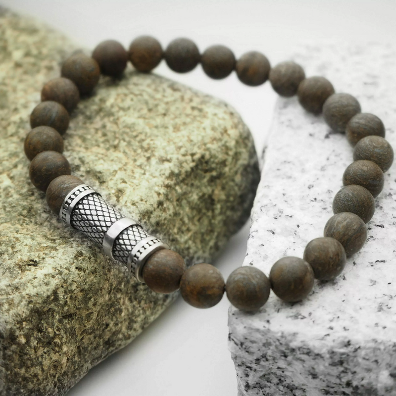Bronzite and stainless steel beaded stretchy men's bracelet
