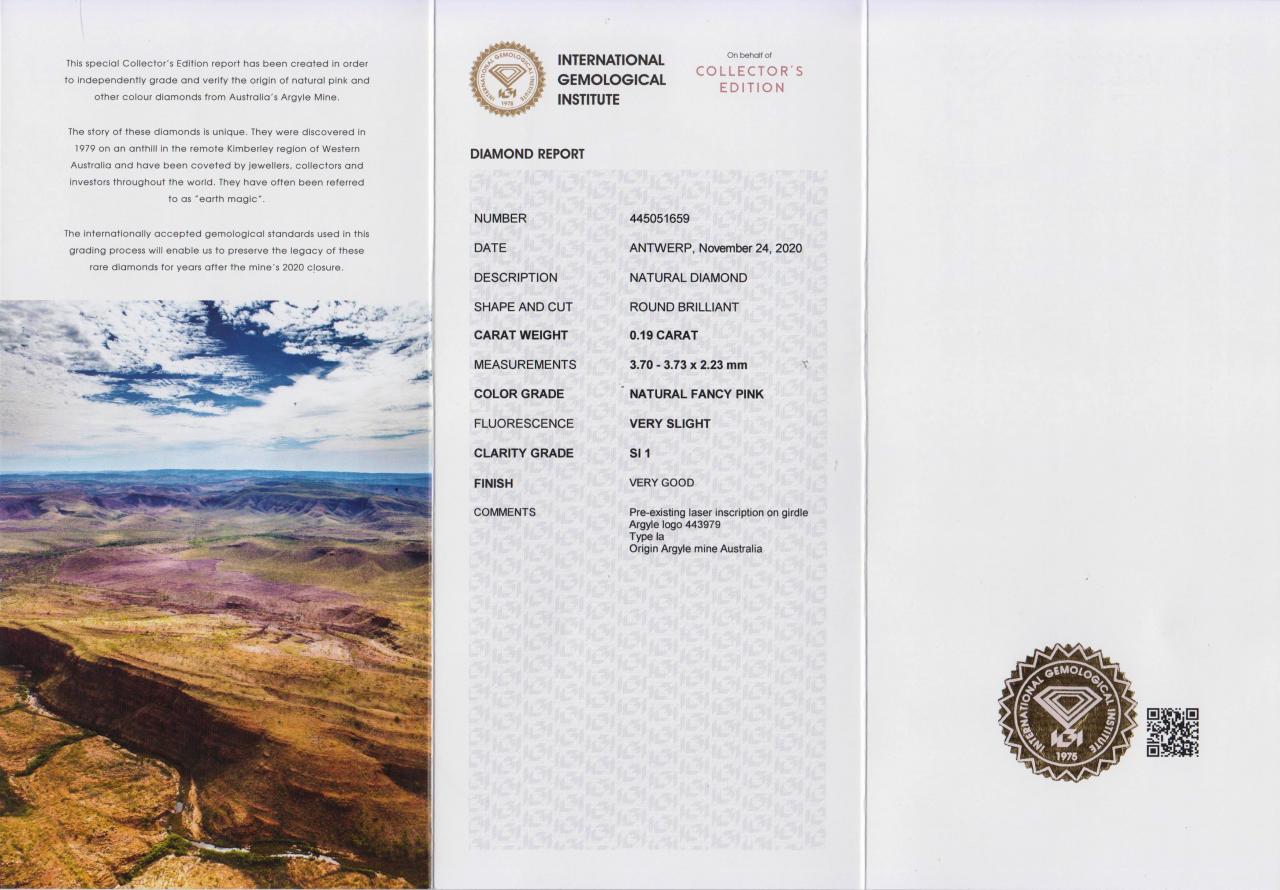 0.19ct FP SI1 7P SI2 round brilliant cut pink diamond Argyle Collector's Edition