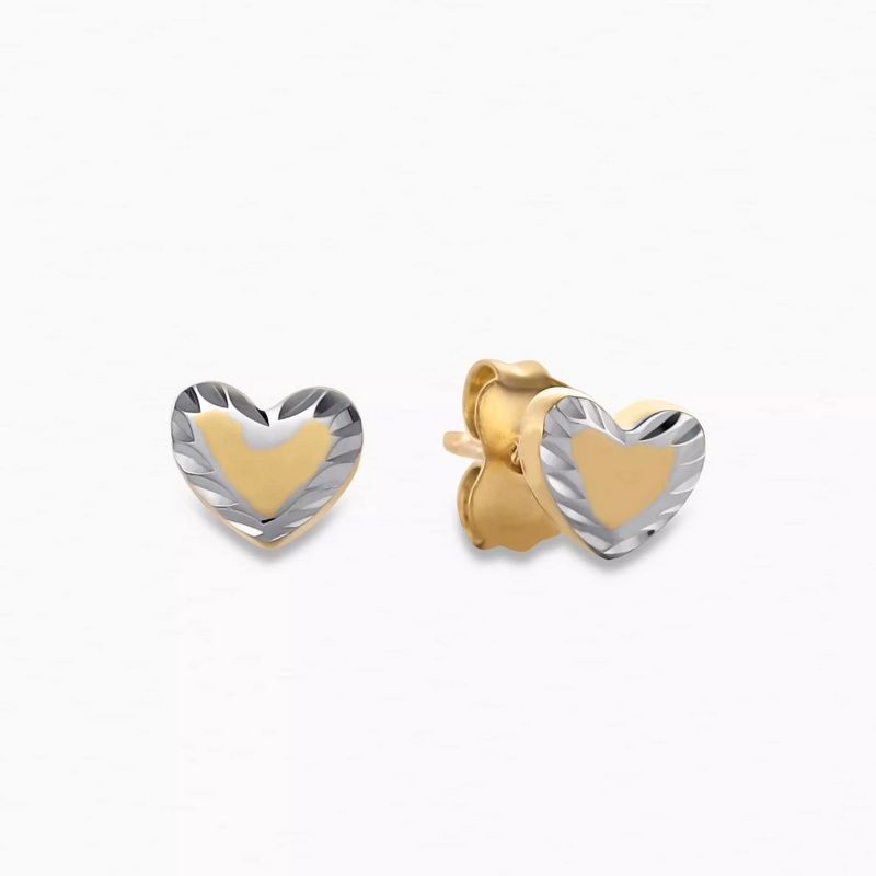 A pair of 18ct yellow and white gold heart stud earrings.