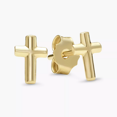 A pair of 18ct yellow gold cross stud earrings with a 7mm dimension, showcasing the front and back views.