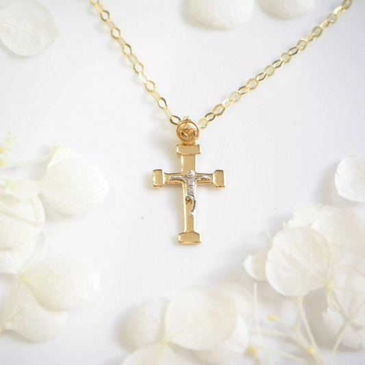 18ct yellow and white gold crucifix necklace