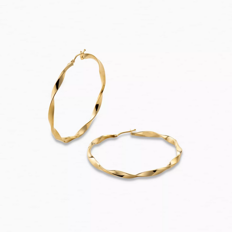 A pair of 18ct yellow gold 40mm twist hoop earrings on a white background.