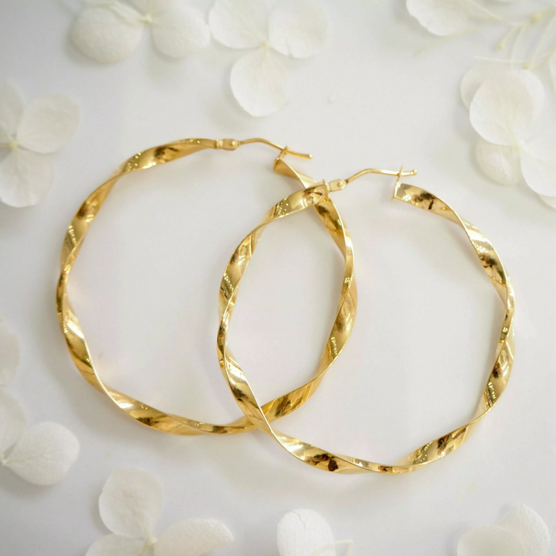 18ct yellow gold 40mm twist hoop earrings