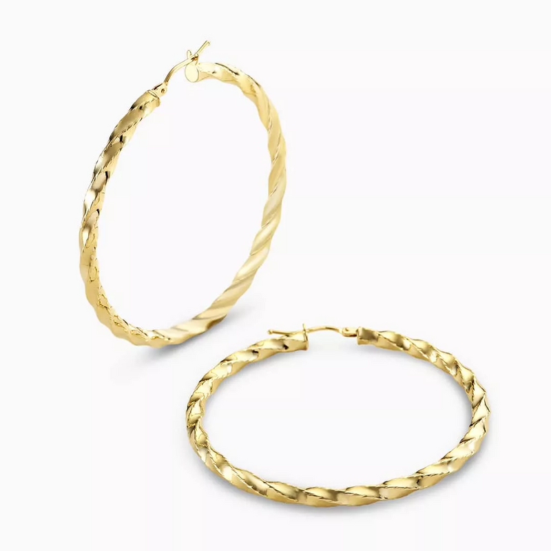 A pair of 18ct yellow gold twisted hoop earrings with a diameter of 40mm.