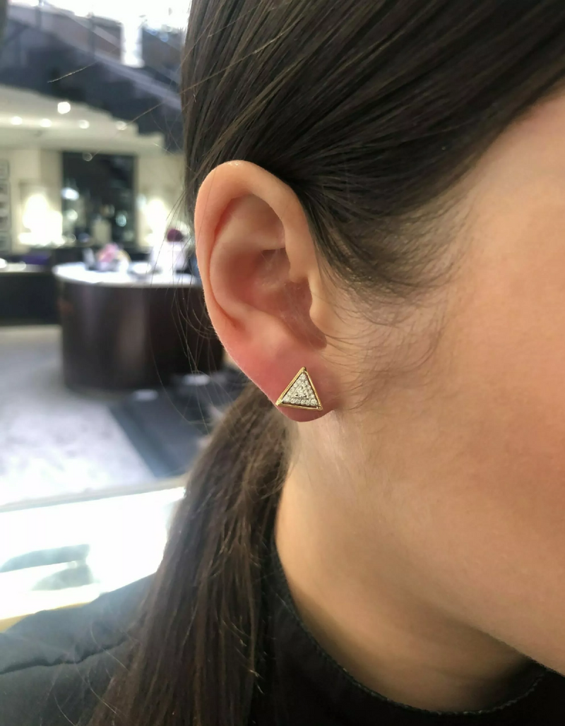 18ct yellow gold triangular shape cluster diamond stud earrings on ear