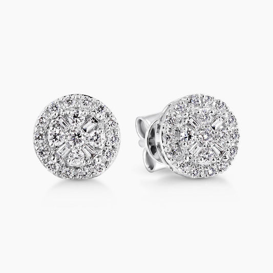 18ct white gold round shape baguette and round cut diamond cluster stud earrings