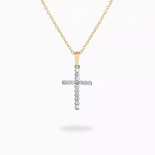 18ct yellow gold claw set 16=0.11ct diamond cross necklace