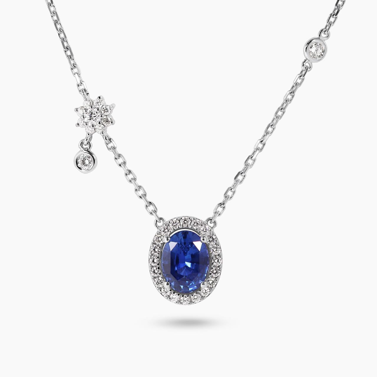 18ct white gold 1.57ct unheated oval Ceylon sapphire and diamond necklace