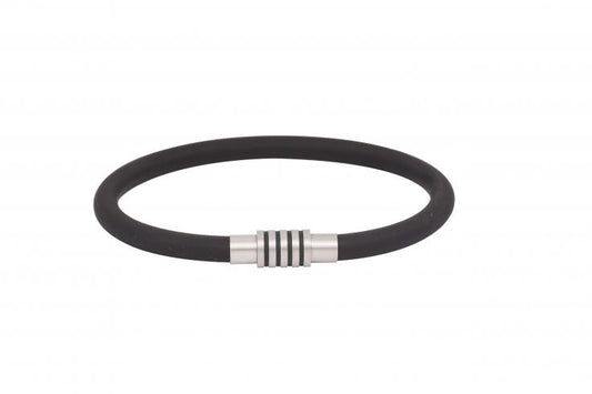 Black Silicone Rubber Bracelet with ion plated black stripes on stainless steel clasp