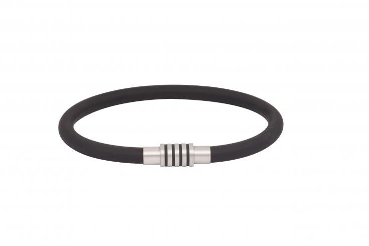 Black Silicone Rubber Bracelet with ion plated black stripes on stainless steel clasp