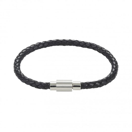 Stainless steel and platted black leather men's bracelet 24cm