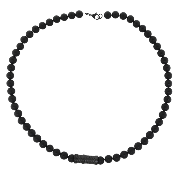 Black agate and stainless steel beaded men's necklace