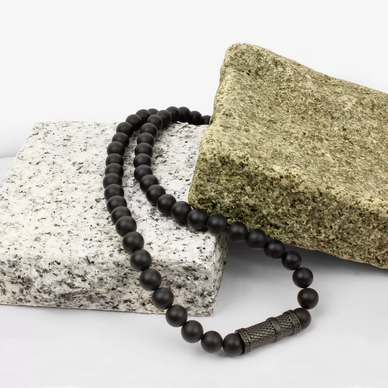 Black agate and stainless steel beaded men's necklace