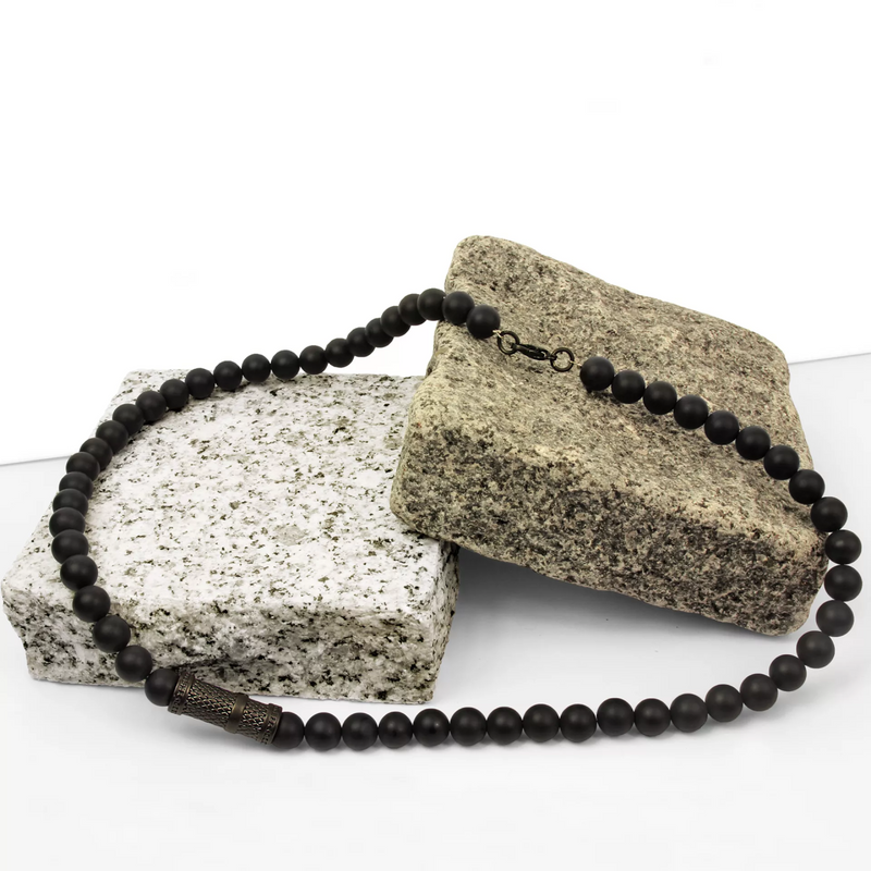 Black agate and stainless steel beaded men's necklace