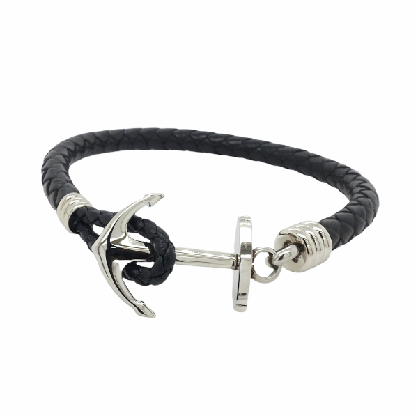 Stainless steel and platted black leather anchor bracelet. 22cm