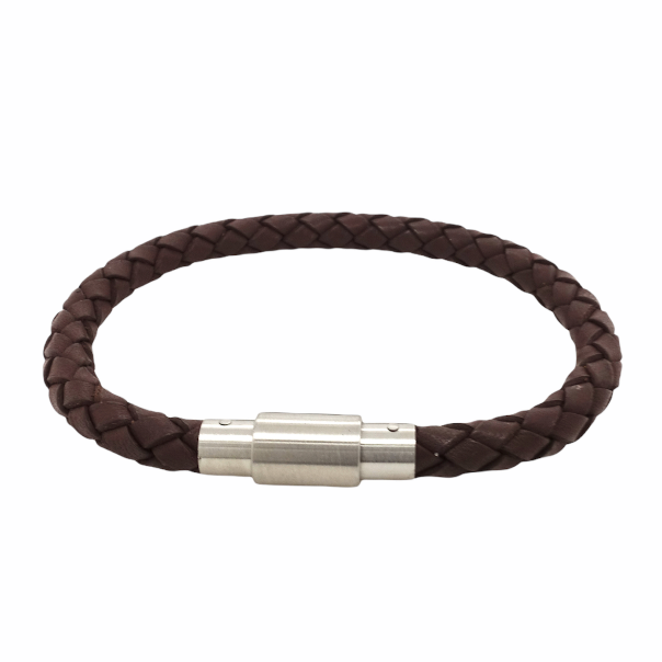 Platted brown leather and stainless steel mens bracelet 22cm