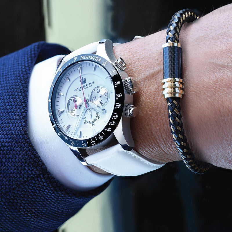 Stainless steel Gold/Black leather cable carbon fibre mens bracelet on wrist