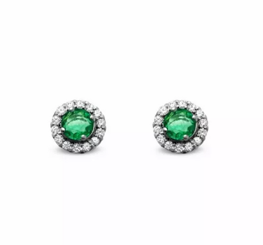 18ct white gold round green emerald and diamond halo stud earrings