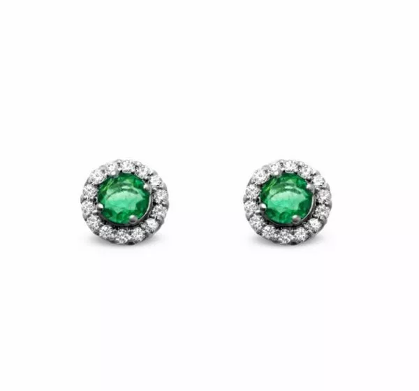 A pair of 18ct white gold round green emerald and diamond halo stud earrings.
