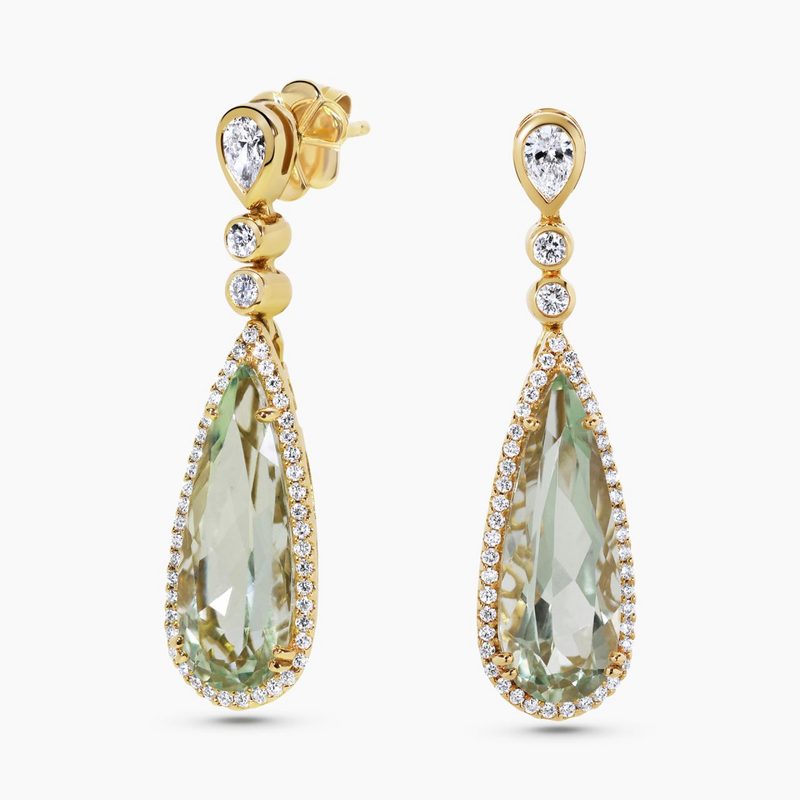 A pair of 18ct yellow gold pear-shaped green amethyst and diamond halo drop earrings.
