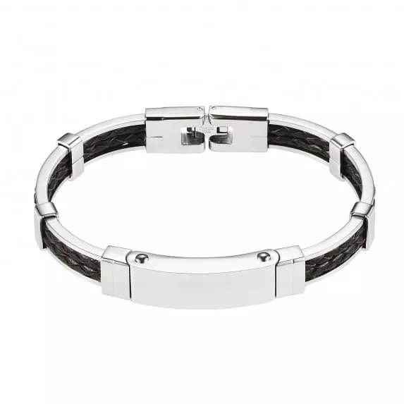 Stainless steel and platted double strand brown leather mens bracelet
