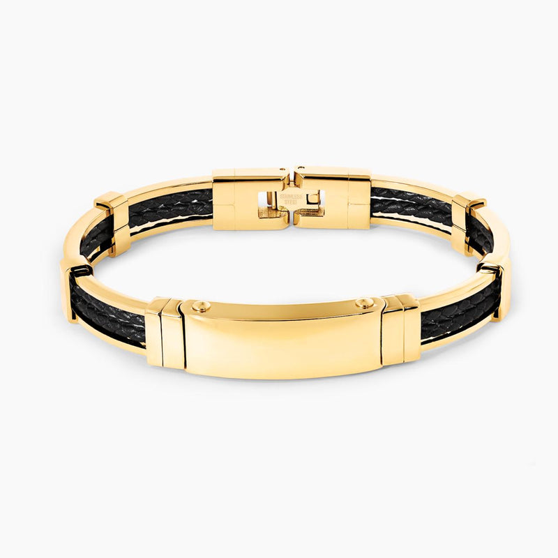 Polished Ion plated gold, stainless steel and platted double strand black leather mens bracelet