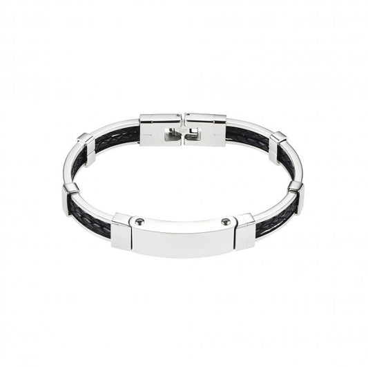Stainless steel and platted double strand Black Leather bracelet