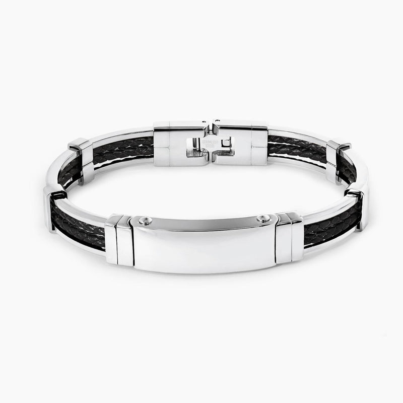 Stainless steel and platted double strand Black Leather bracelet