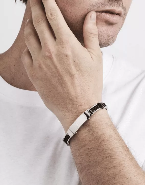 Stainless steel and platted double strand Black Leather bracelet on wrist