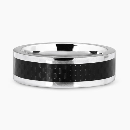Polished stainless steel ring with carbon fiber inlay