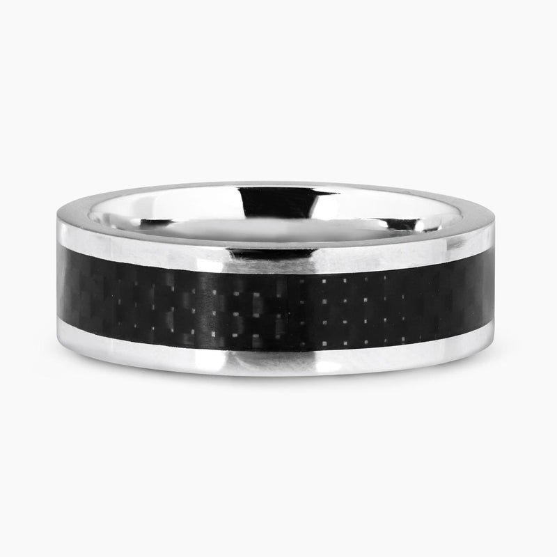 Polished stainless steel ring with carbon fiber inlay