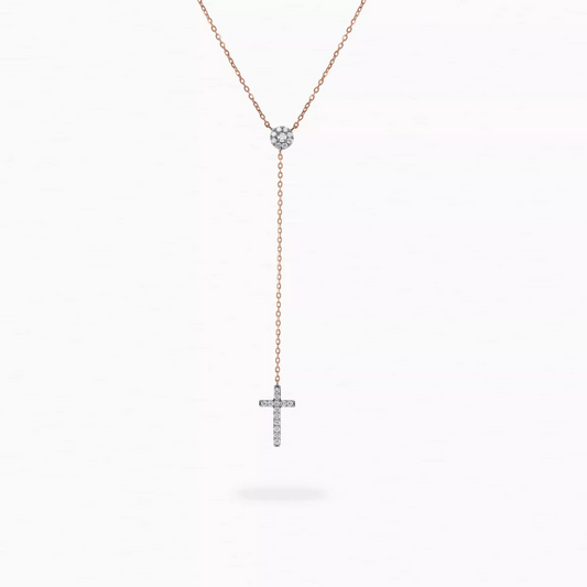 18ct rose gold diamond set drop cross necklace