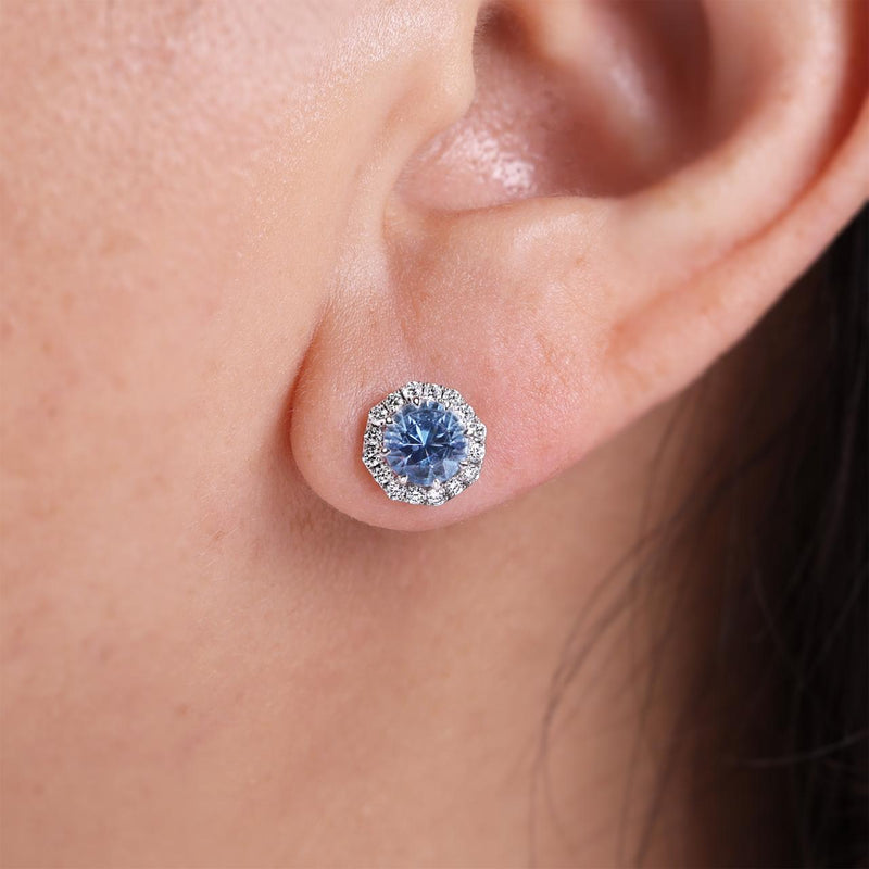 18ct white gold Santa Maria aquamarine and diamond halo earrings on the ear
