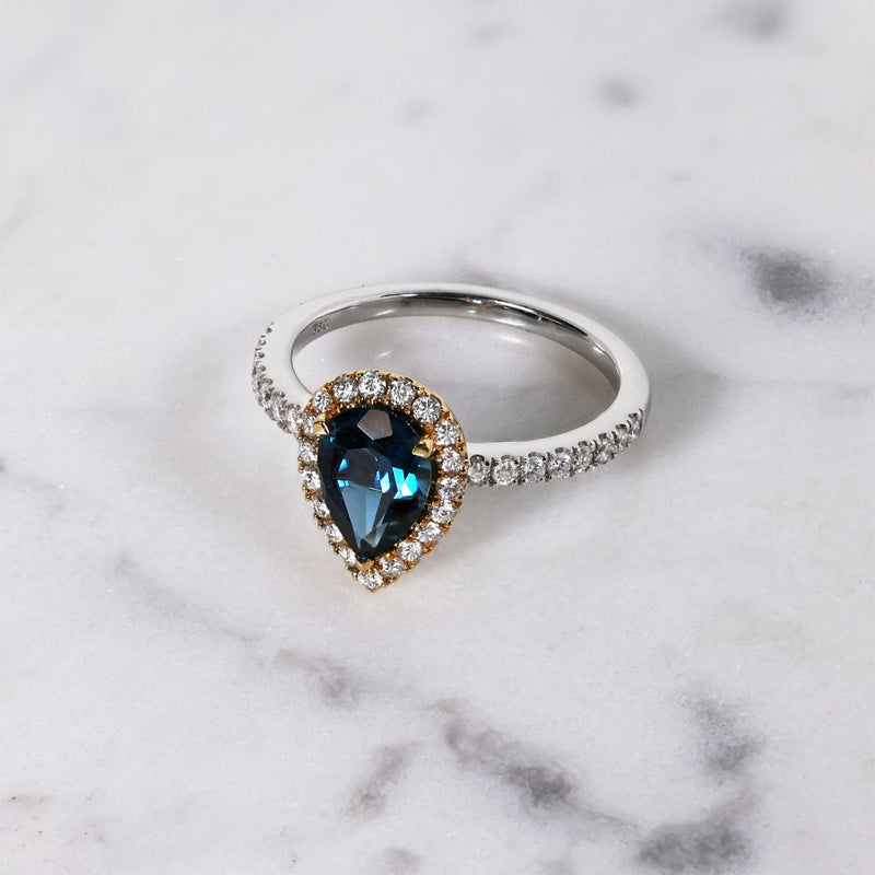 18ct white and yellow gold pear shape London blue topaz and diamond ring