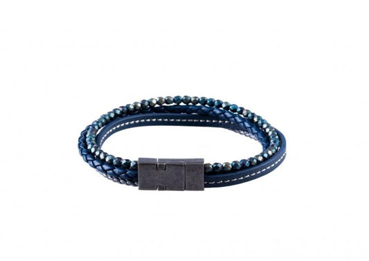 Multi-strand Blue Leather and Hematite Beads Bracelet