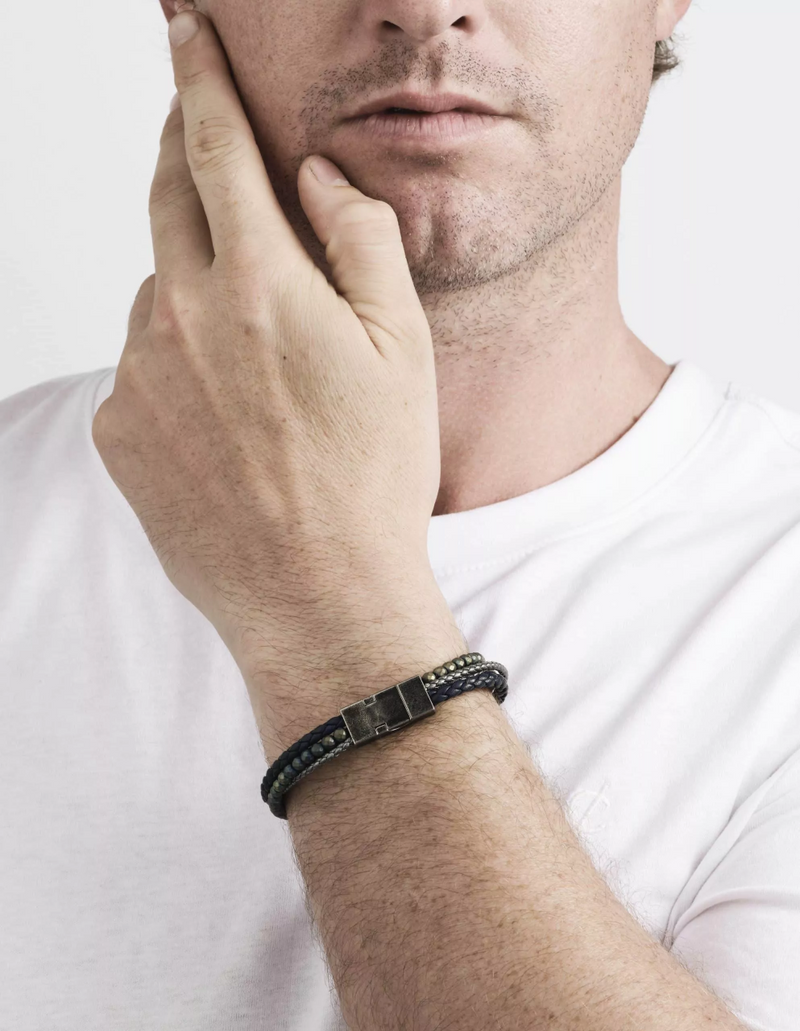 Multi-strand Blue Leather and Hematite Beads men's Bracelet on the wrist