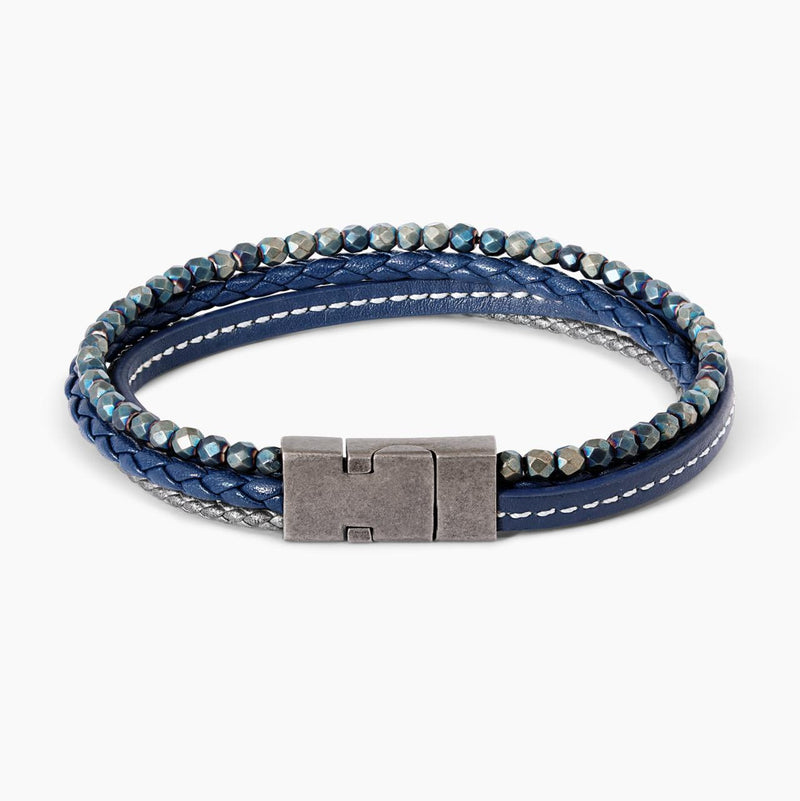 Multi-strand Blue Leather and Hematite Beads men's Bracelet