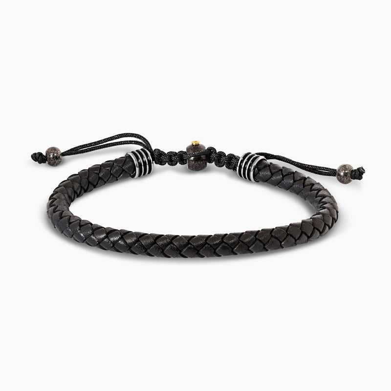 Stainless Steel Black Leather Macrame Mens Bracelet