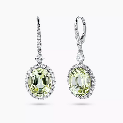 A pair of 18ct white gold oval tourmaline and diamond drop earrings.