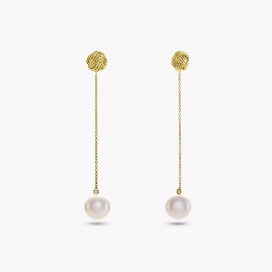 18ct yellow gold 10mm South Sea Pearl and diamond drop earrings