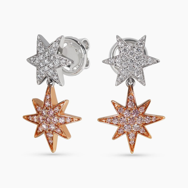 A pair of 18ct white and rose gold earrings featuring round brilliant cut pink and white diamonds in a star shape design.