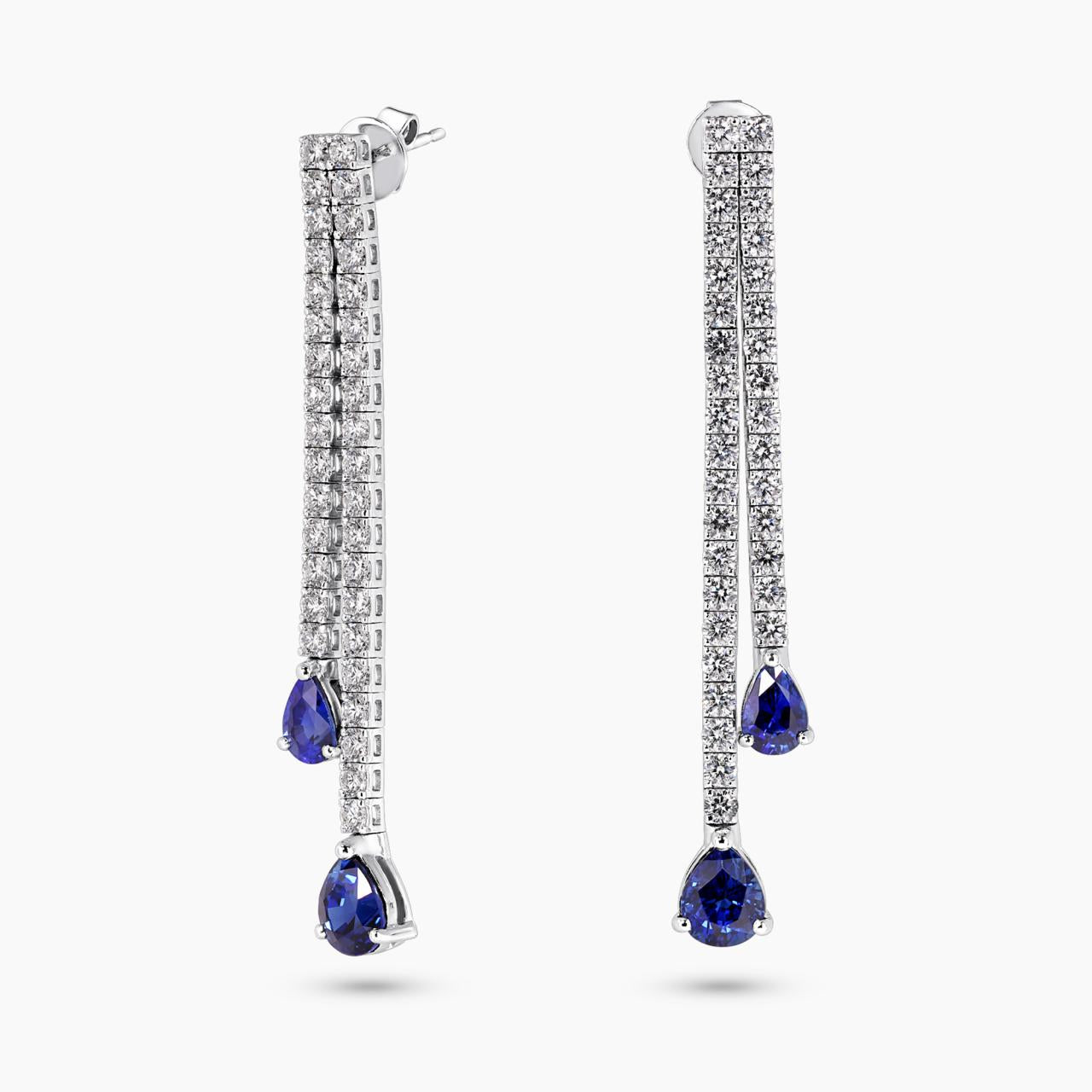 18ct white gold pear shaped blue Madagascan sapphires and diamond drop earrings