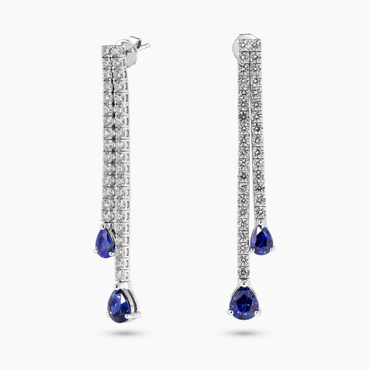 18ct white gold pear shaped blue Madagascan sapphires and diamond drop earrings