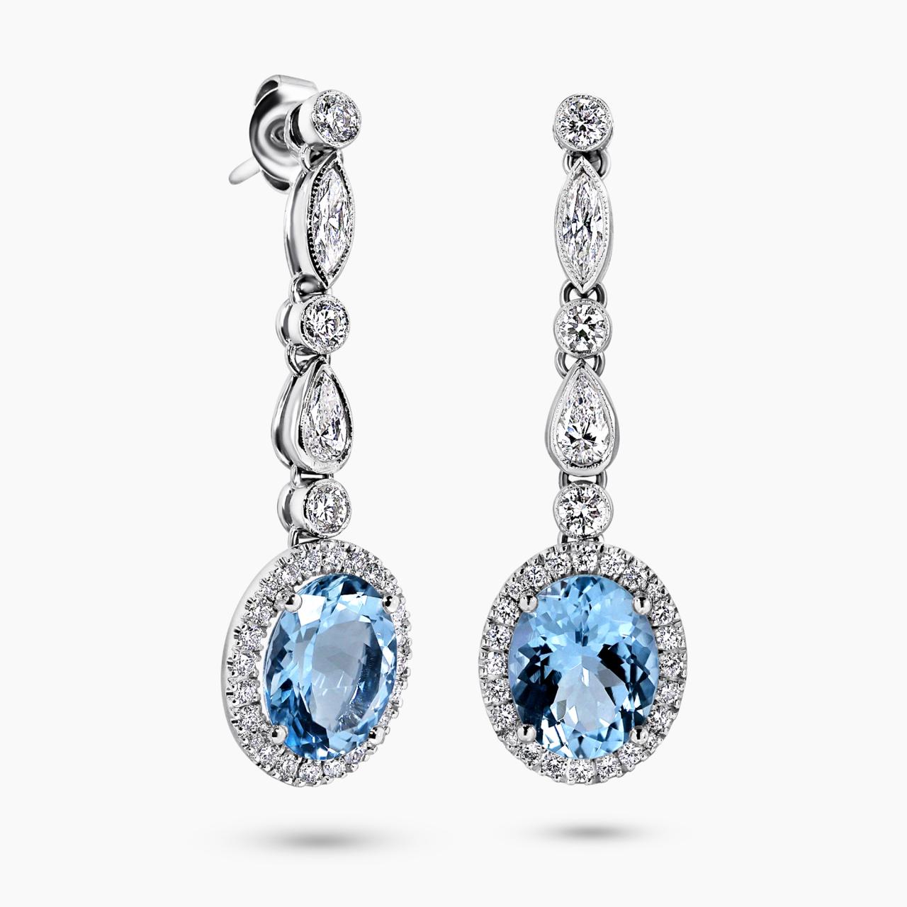 18ct white gold 2=4.30ct oval cut aquamarines and diamond drop earrings