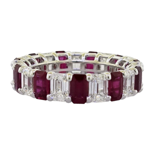 18ct white gold emerald cut ruby and diamond full circle ring